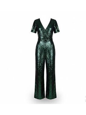 Francescas Womens Green Sequin Jumpsuit Short Sleeve Wide Leg Sz XS